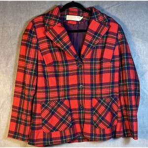 Vtg‎ Pendelton Red Tartan Plaid Wooden Mills Virgin Wool Blazer Women's
